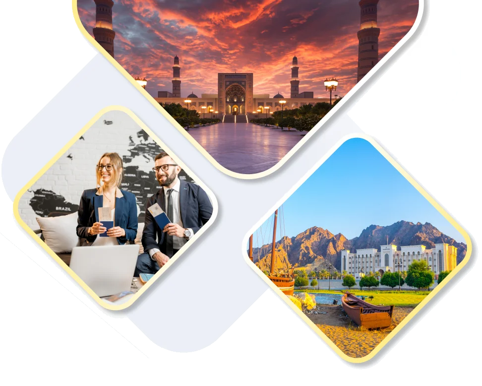 Oman highlights — Sultan Qaboos Grand Mosque at dusk, travellers holding passports, and the Muttrah waterfront