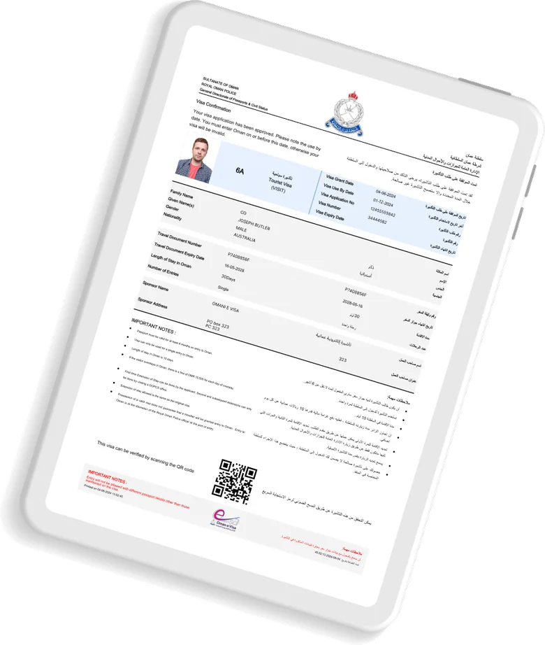 Sample Oman e-visa on a tablet