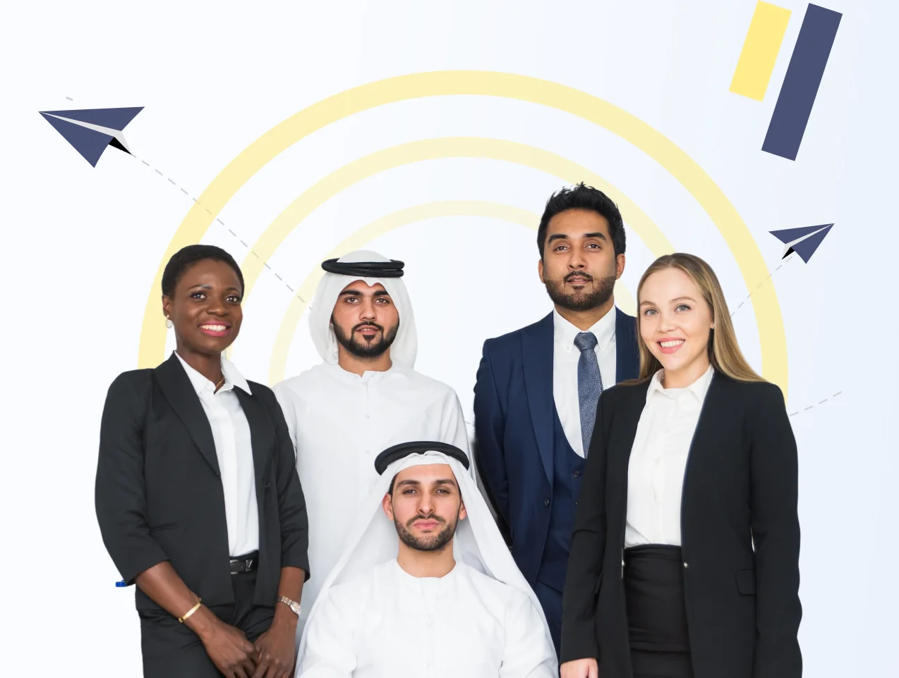 Diverse corporate team ready for business travel to Oman